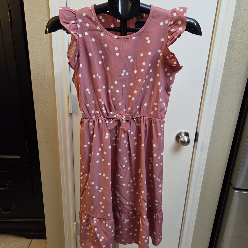 PatPat Girls Rose Pink Polka Dot Ruffle Sleeve Dress Size 10-11 Years
